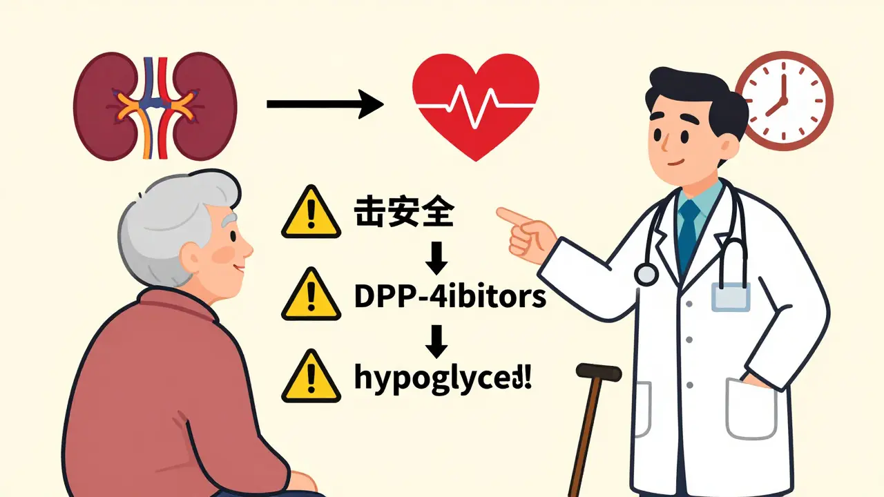 Cartoon showing doctor selecting safe diabetes med for older patient