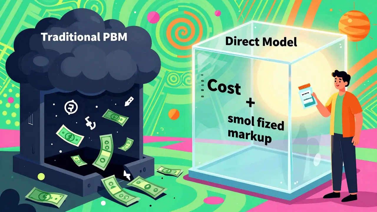 Contrast between opaque traditional PBM models and transparent direct drug pricing.