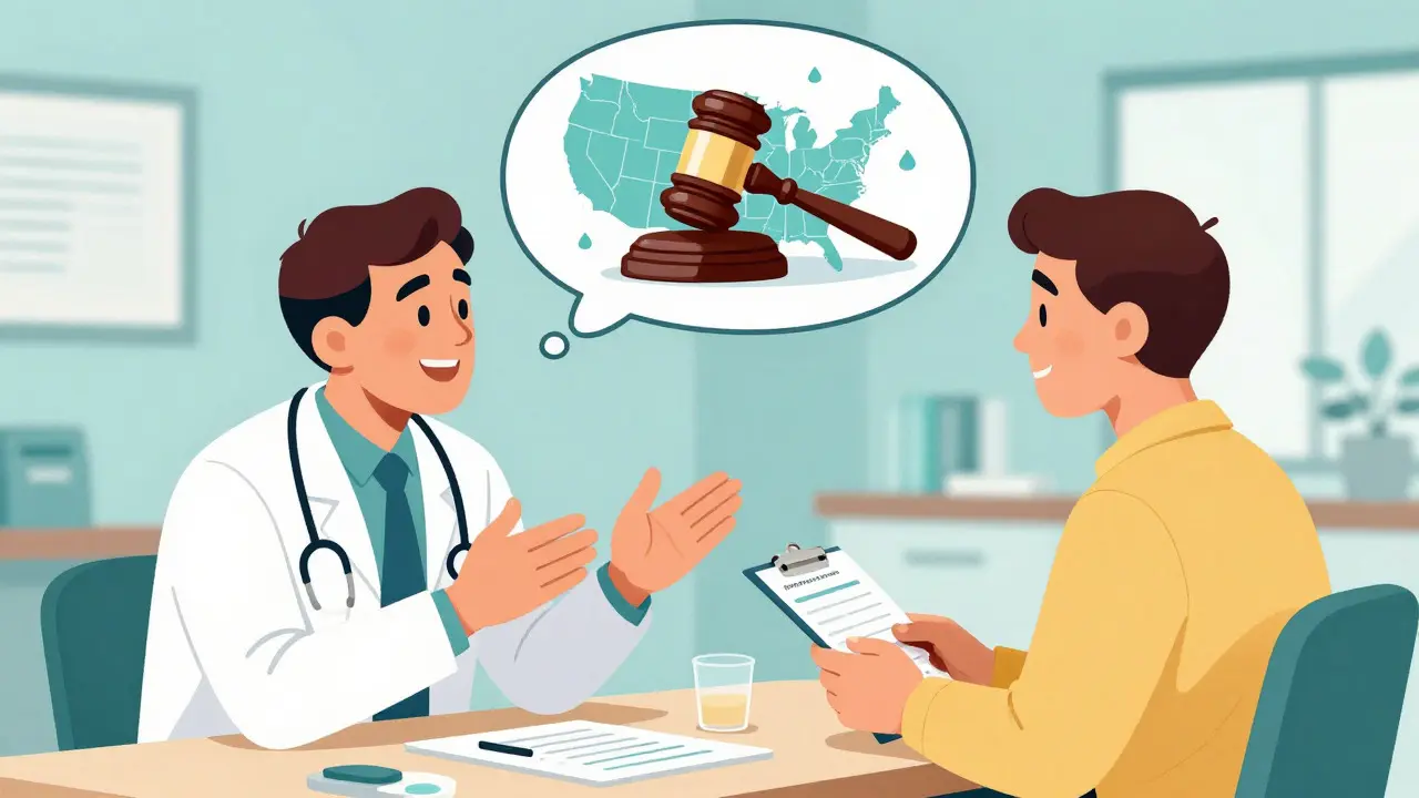 Doctor explaining medication options to a patient with a law-themed thought bubble