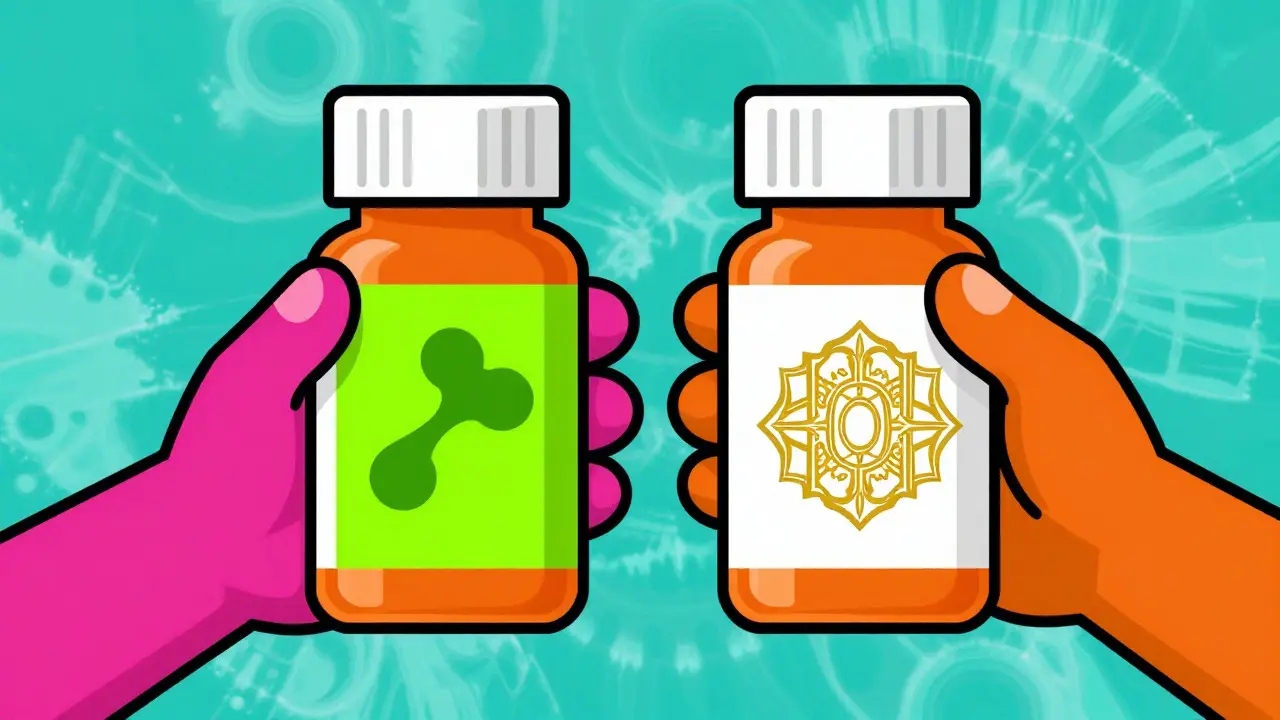 Hand choosing a generic pill bottle over an expensive brand name version