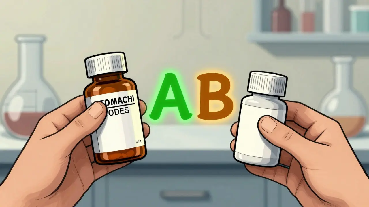 Illustration comparing brand and generic pills with A and B code symbols