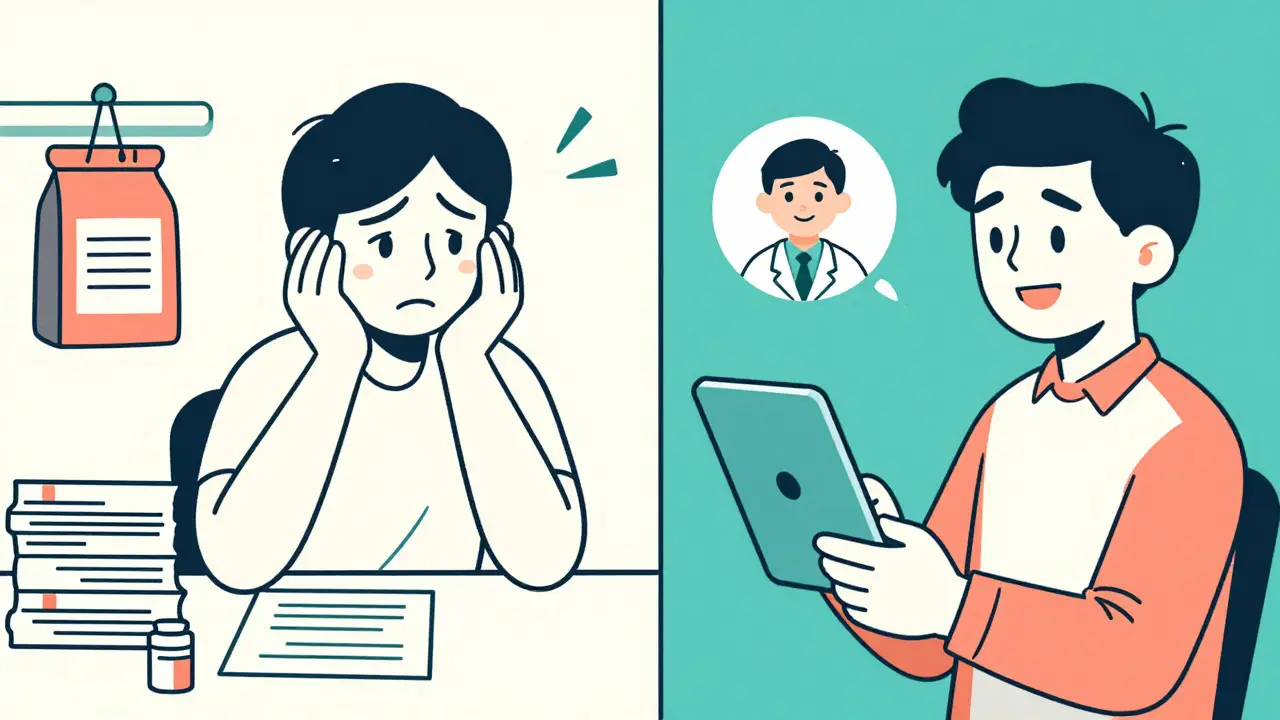 Illustration comparing traditional pharmacy visits with online telehealth consultation