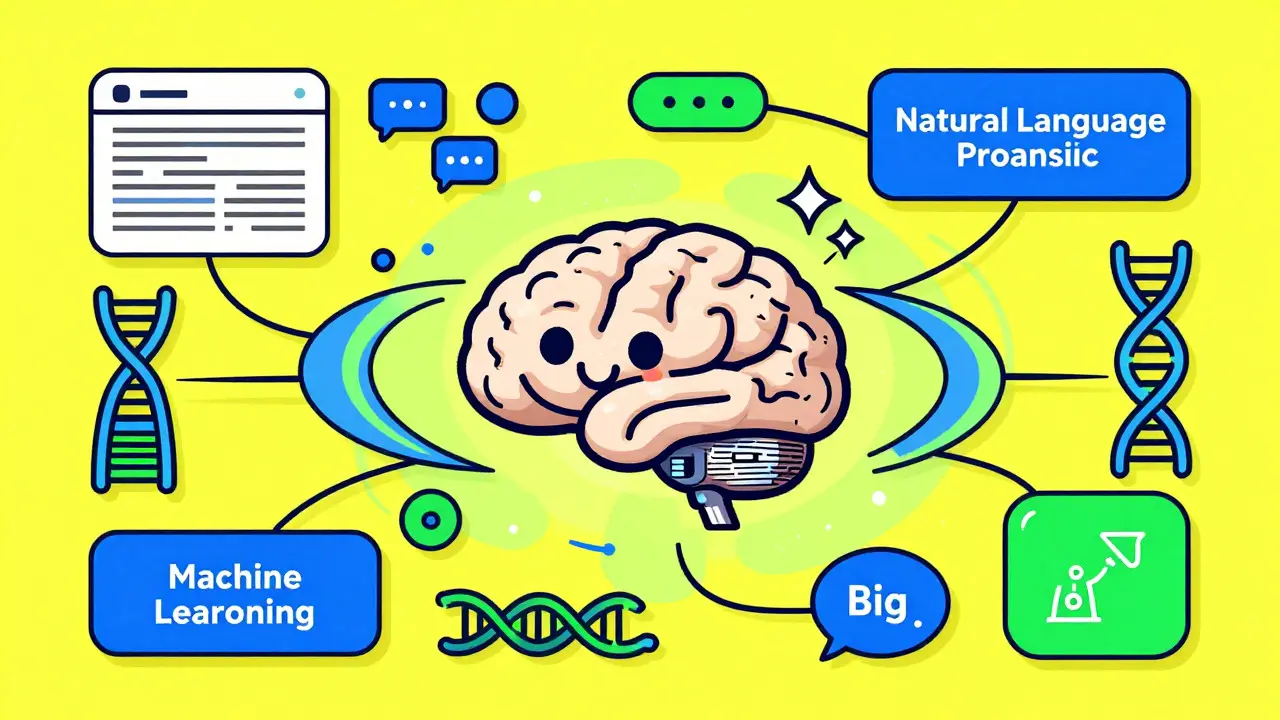 Illustration of AI brain processing medical data patterns for drug safety.