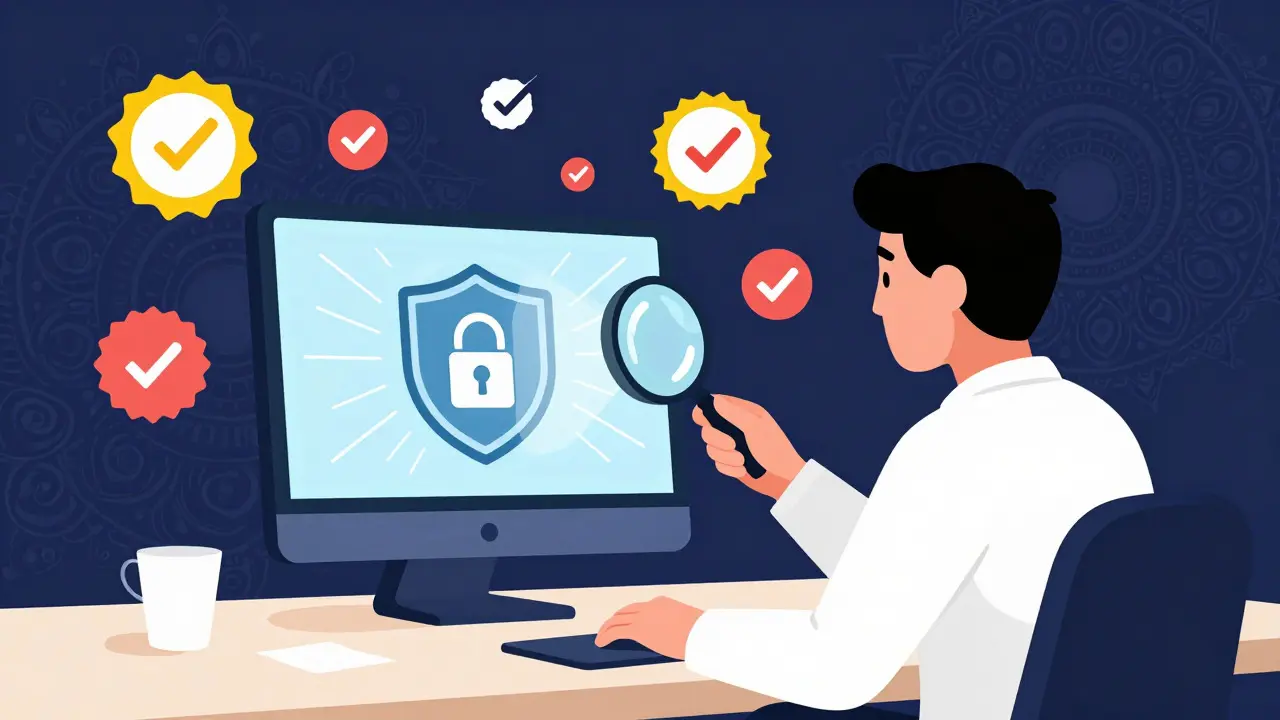Person using magnifying glass to verify safe online pharmacy security