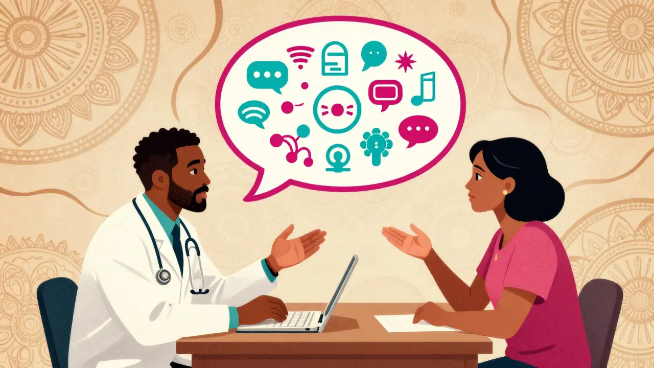 Retro art of doctor and patient discussing treatments