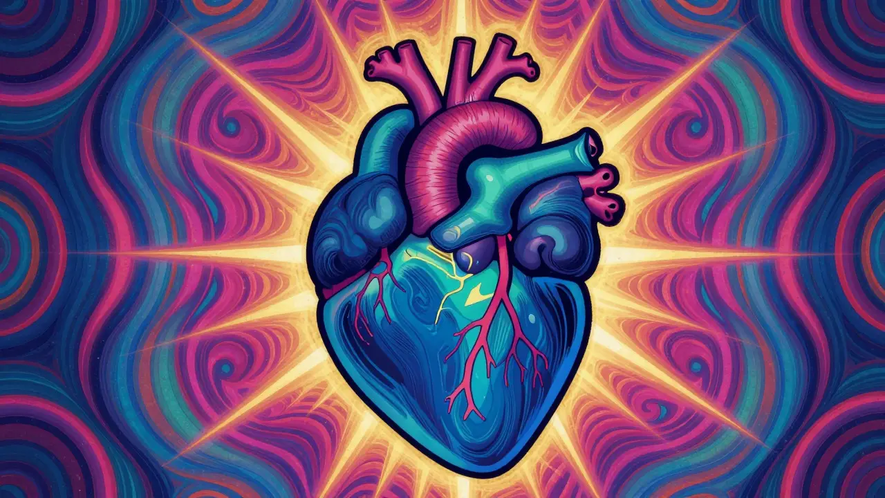 Retro art showing a heart and kidney protected by a golden aura.