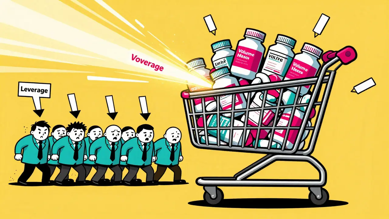Retro illustration of massive volume purchase power forcing down generic drug costs.