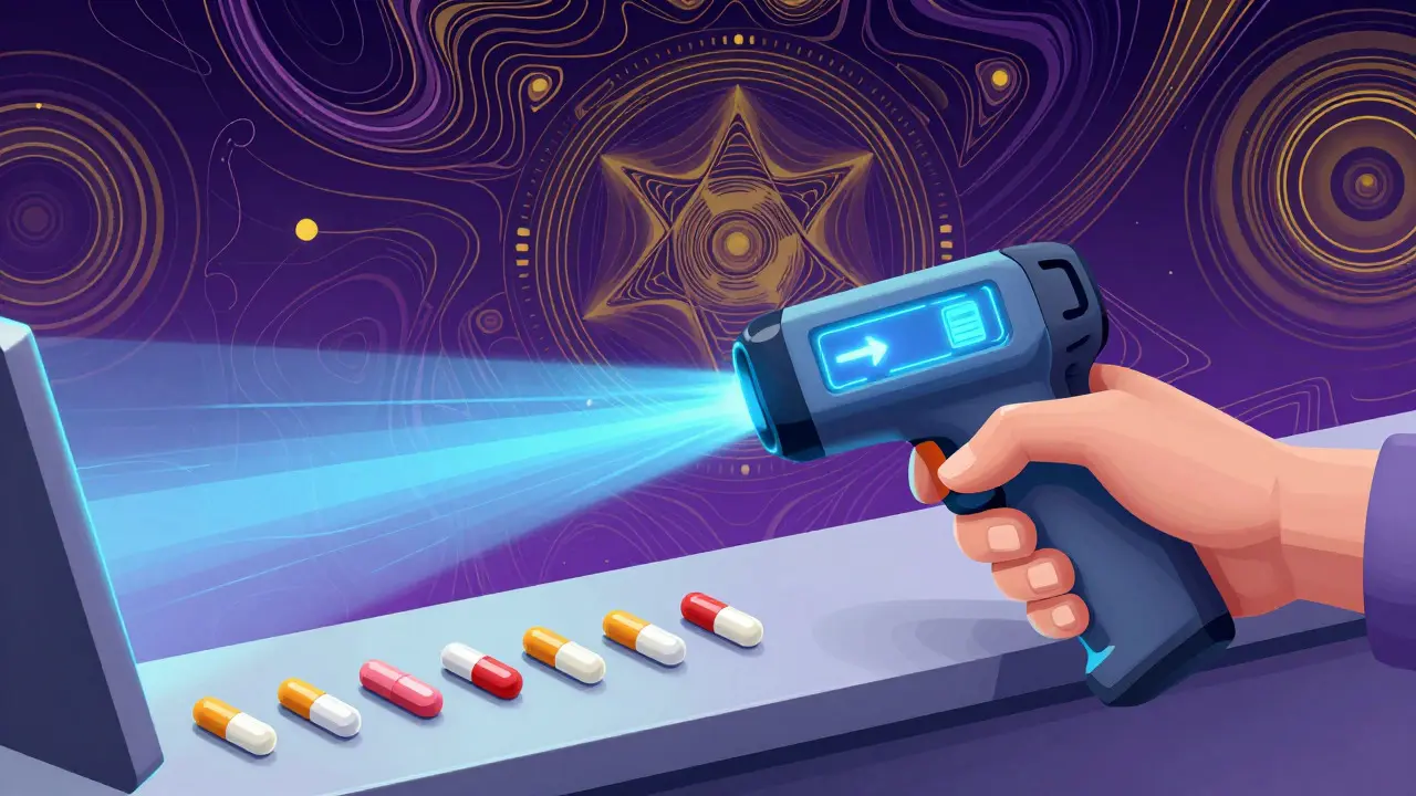 Stylized image of a spectral analyzer scanning pills for authenticity