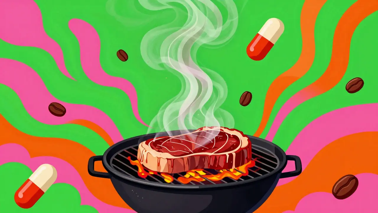 Surreal barbecue scene with smoke turning into colorful ribbons around pills
