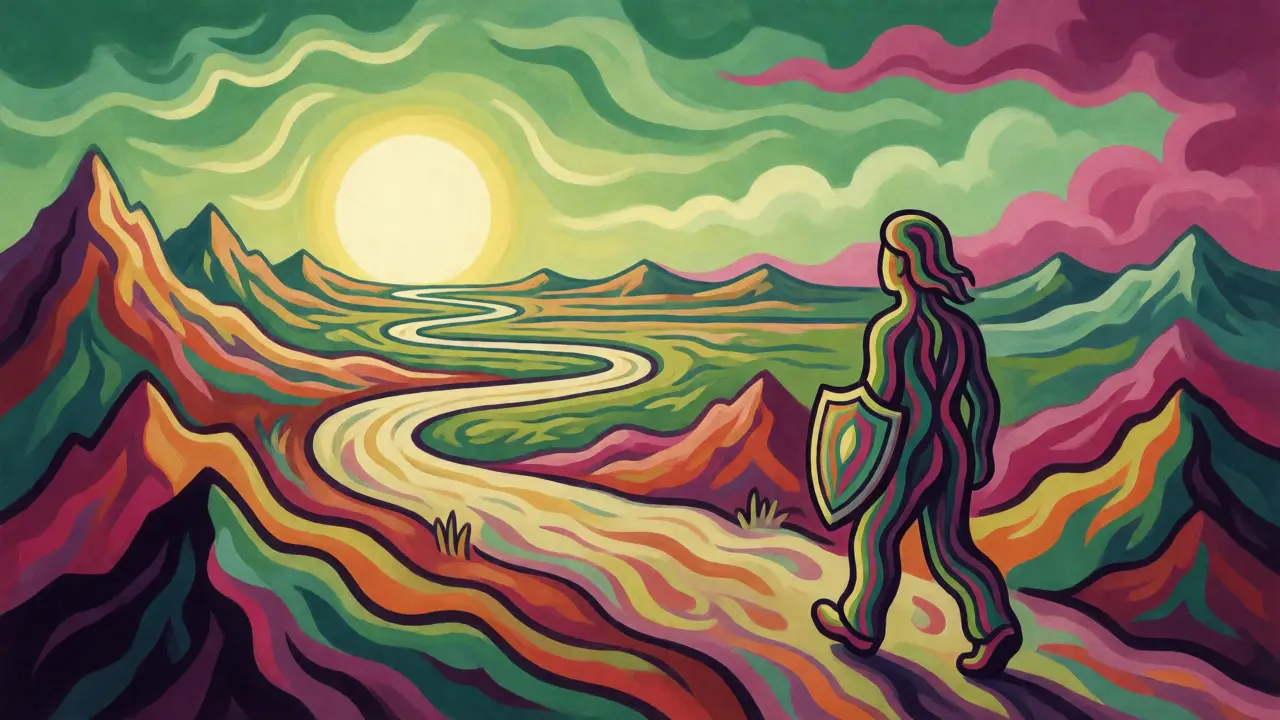 Surreal cartoon of a patient walking a winding path toward adrenal recovery.