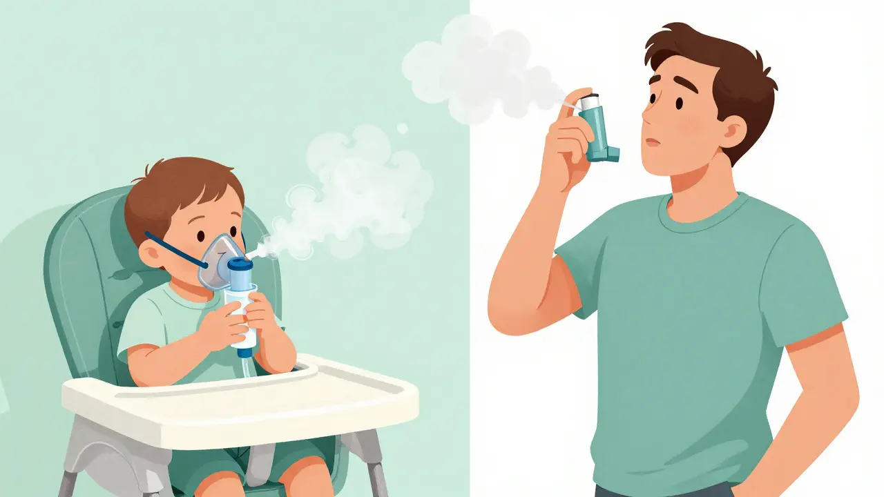 Toddler using nebulizer and adult using inhaler with spacer