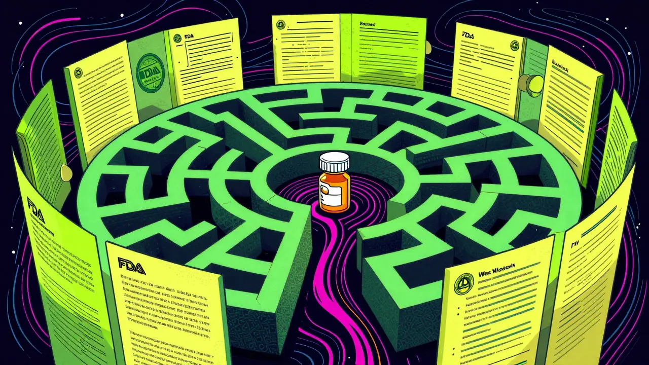 Trippy vector art showing a pill navigating a maze of legal barriers and FDA regulations in neon colors.