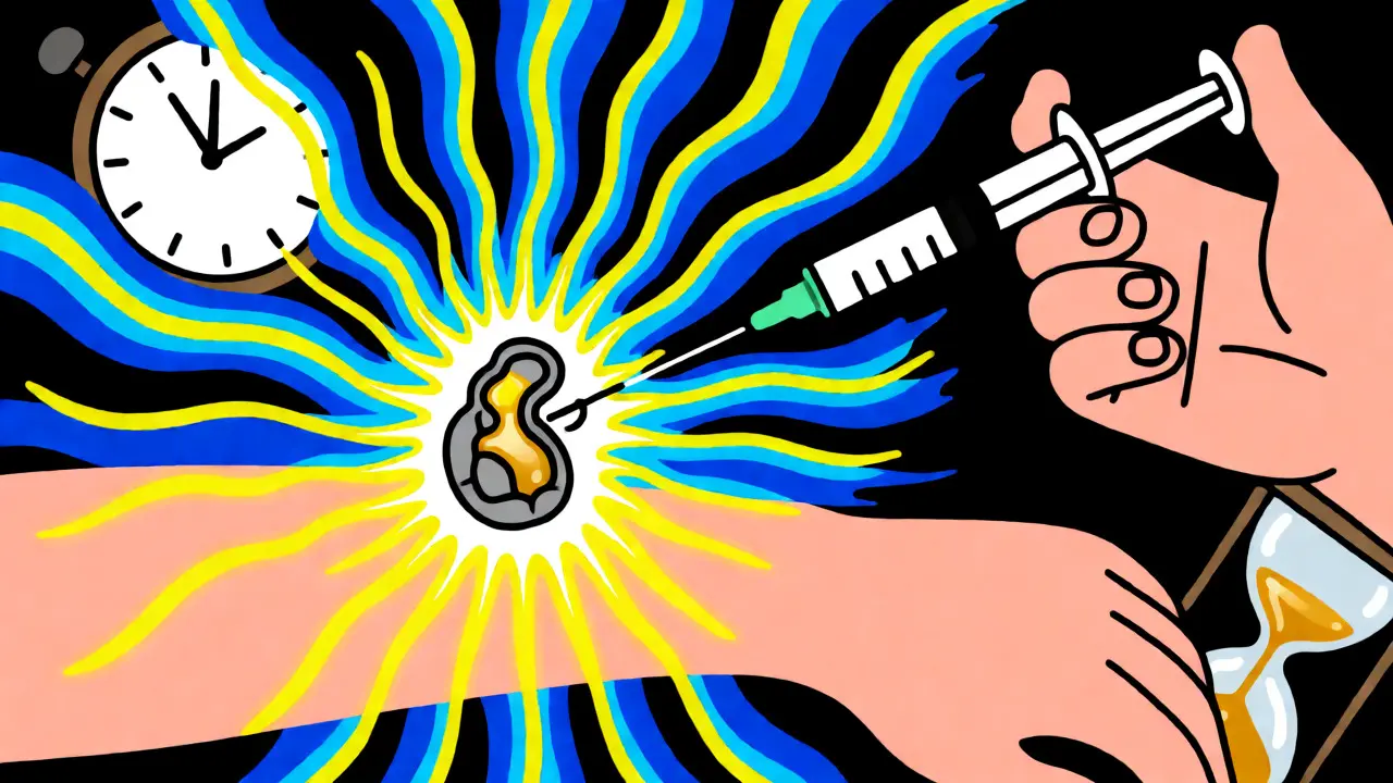 Wes Wilson style art of an ACTH injection stimulating a glowing adrenal gland.