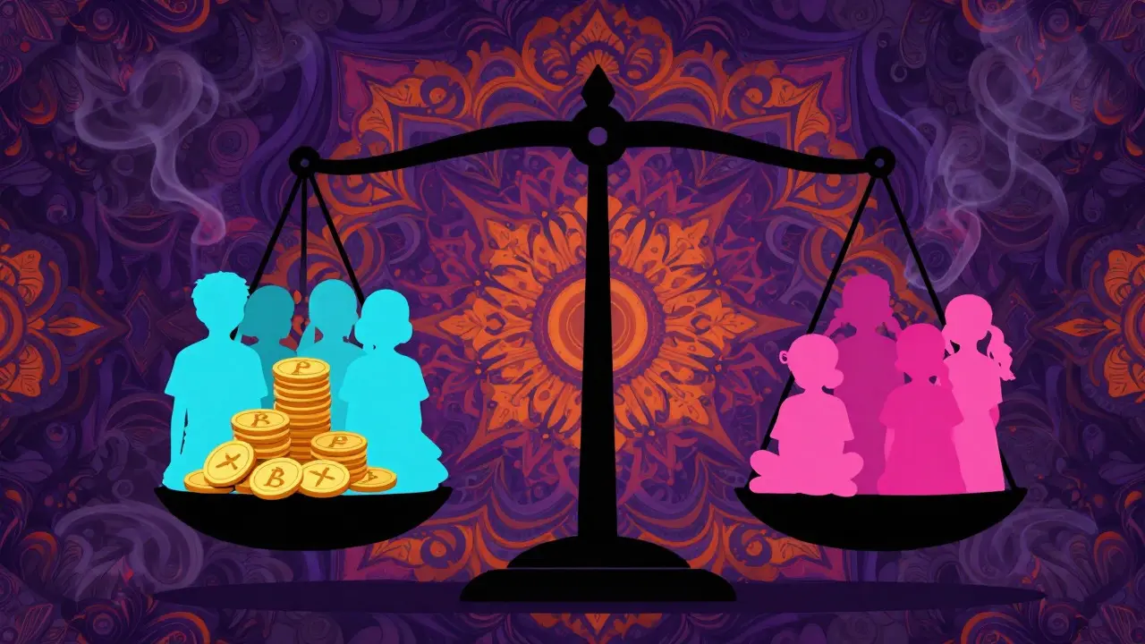Wes Wilson style image of a balance scale weighing corporate profits against child health data in vibrant colors.