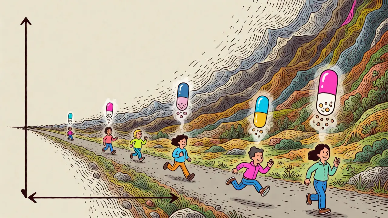 Abstract landscape visualizing the Weibull distribution curve with figures walking a winding timeline.