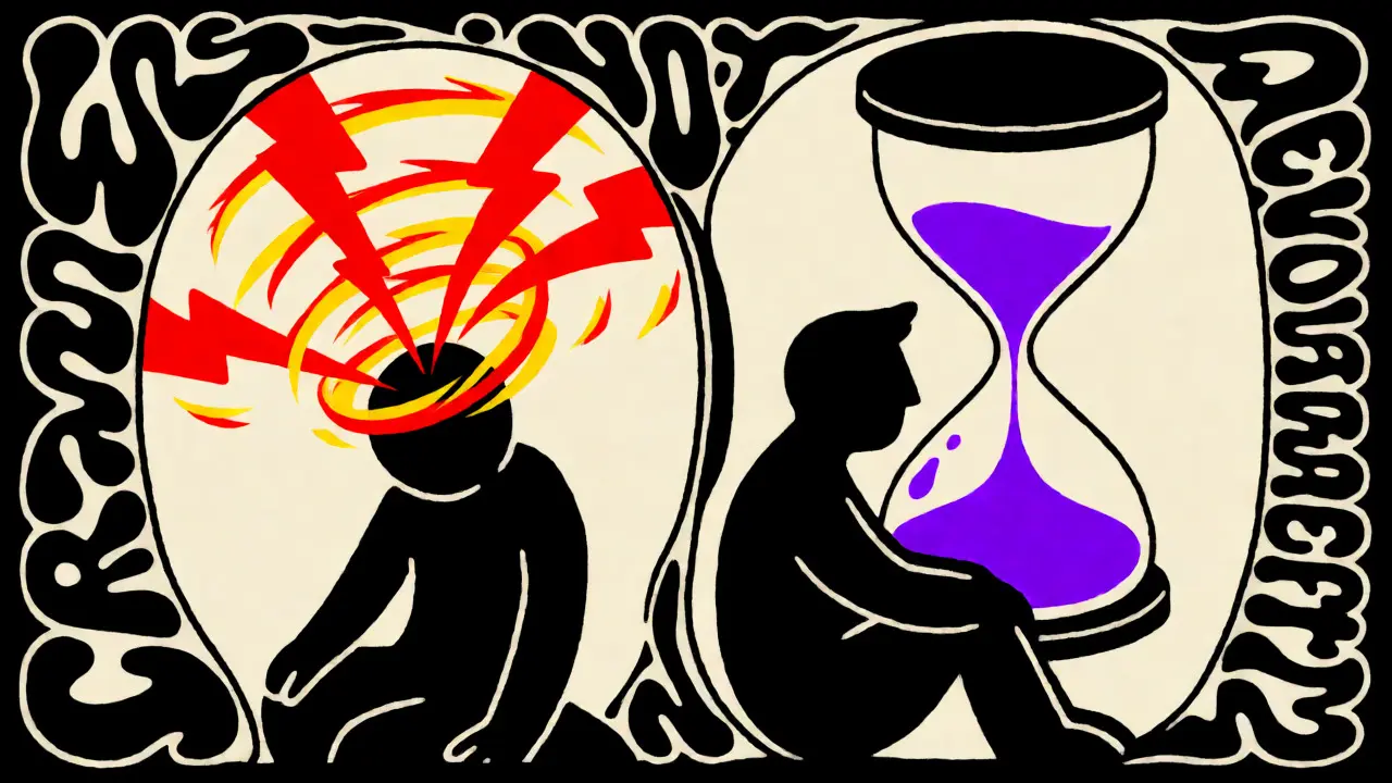Split scene showing immediate dizziness versus slow-dripping hourglass for delayed side effects.
